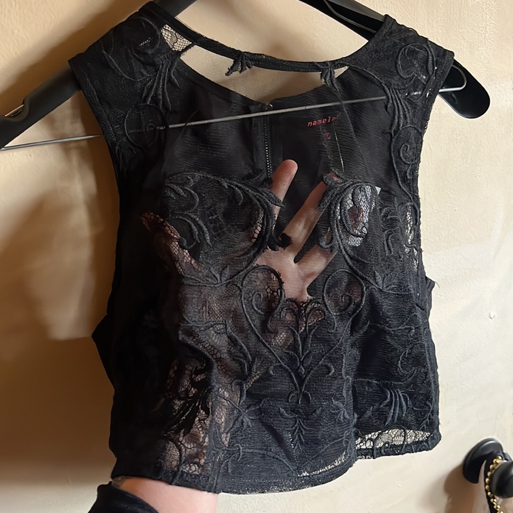 Black lace gothic mesh crop top romantic NWT Nameless L